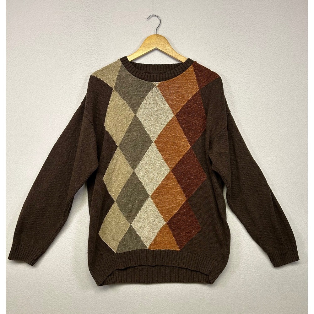 Dark Academia Preppy Grandpa Core Croft & Barrow Mens L Brown Argyle Sweater